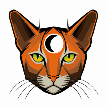 Stylized orange cat head with green eyes and a crescent moon symbol on its forehead, vector art illustration.