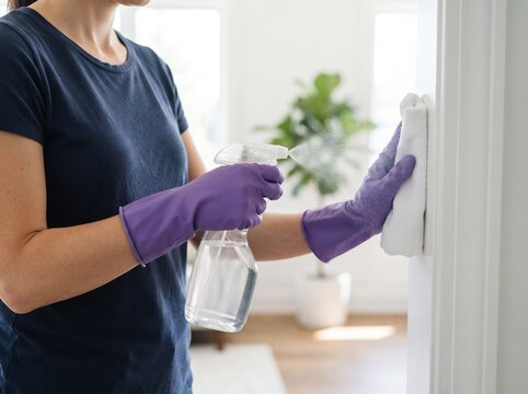Person wearing protective gloves cleaning home surface with spray bottle and cloth cleaning sanitizing housework disinfecting housekeeping maintenance detergent sanitization purification