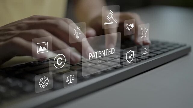 Patented concept. Person typing keyboard with official patent badge, intellectual property shield and idea lightbulb icons, legal invention protection and copyright registration.