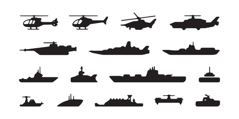 Fototapeta premium Military warships and combat helicopters black silhouettes set isolated on transparent background vector.