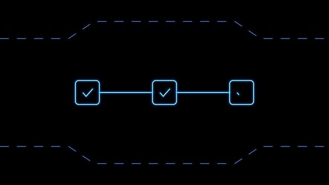 A seamless 10-second digital looping animation featuring constant background data pulses and three glowing neon blue square checkboxes that fill up, display checkmarks, and gracefully fade out to rest