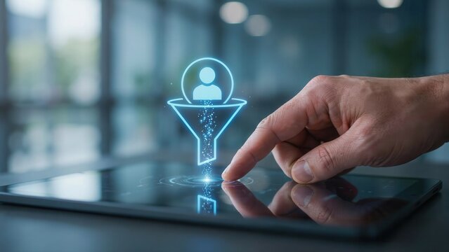A businessman touching a digital tablet to interact with a glowing customer acquisition funnel hologram in an office. Ideal for human resources, recruitment, and lead generation.