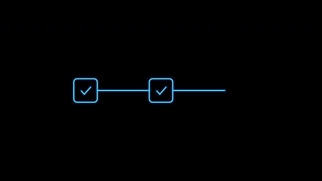 A cyberpunk-style digital loading animation featuring three neon glowing checkboxes experiencing data glitches, static noise, and erratic decode sequences before settling into completed checkmarks, ov