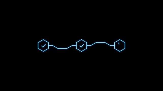 A futuristic digital loading animation featuring three glowing neon blue isometric hexagonal nodes filling up sequentially, connected by zig-zag circuit lines, and concluding with an unlocking padlock