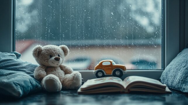 A rainy afternoon by a window where a child&acirc;&euro;&trade;s forgotten toys are quietly placed. 