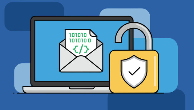 Computer security graphic with an open padlock and encrypted email document on a laptop screen with a blue background.