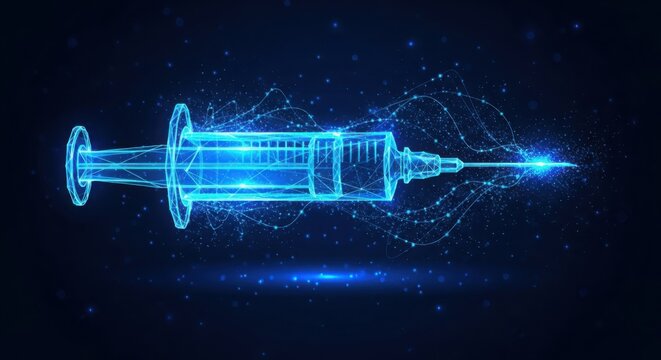 Futuristic glowing syringe in space illustration
