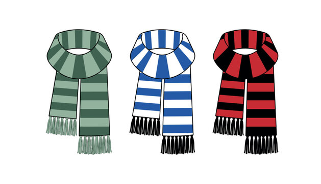 Striped winter scarves vector illustration set with green blue and red collegiate sports team colors and fringe tassels
