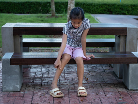 Asian child girl sitting on wooden bench at park scratching itchy leg from mosquito bites