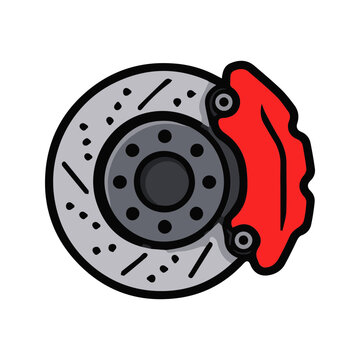 Vector illustration of a car disc brake with red caliper isolated on white background.