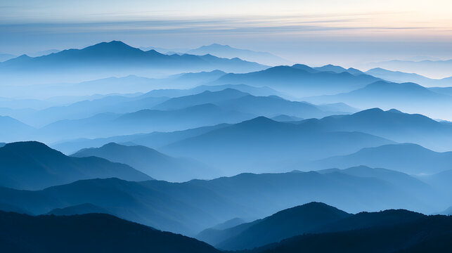 Misty Appalachian Mountain Ridge at Sunrise with Layered Blue Hues