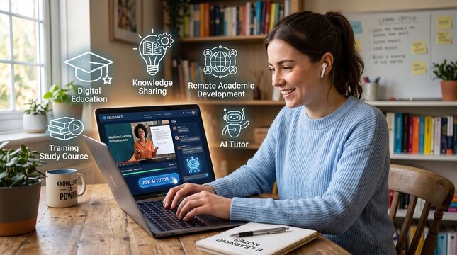 Person using laptop with e-learning and education icon. online learning concept, digital education, virtual classroom, AI tutor, knowledge sharing, training study course, remote academic development