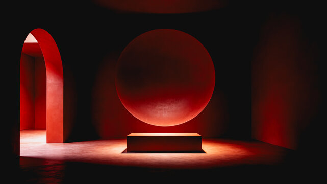 A minimalist monochromatic red interior space features a circular wall niche, archway, and central pedestal, with soft directional lighting.