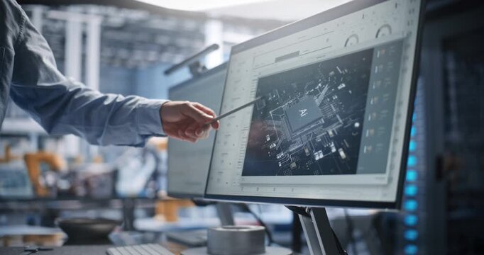 Specialist Pointing Pen at 3D Artificial Intelligence Chip Graphic on Computer Display. Neural Processing Hardware Accelerates Smart Tech Innovation. Concept of AI and Machine Learning Innovation.