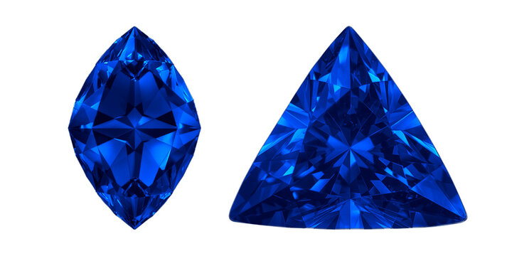 Blue sapphire gemstones in marquise and trillion cuts, faceted cobalt blue crystals on white background, luxury jewelry design elements