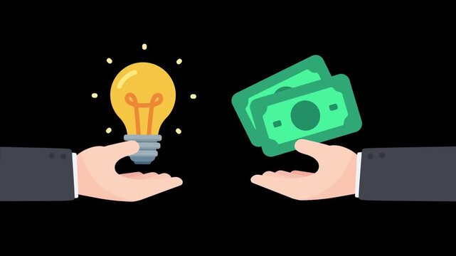 Conceptual image of hands exchanging a bright idea lightbulb for money, symbolizing business value
