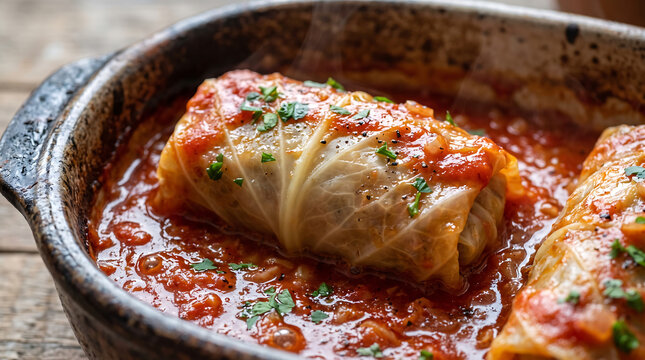 Hyper Realistic 9K Tight Macro Angle Close Up Ukrainian Holubtsi Stuffed Cabbage Rolls in Tomato Sauce Food Photography