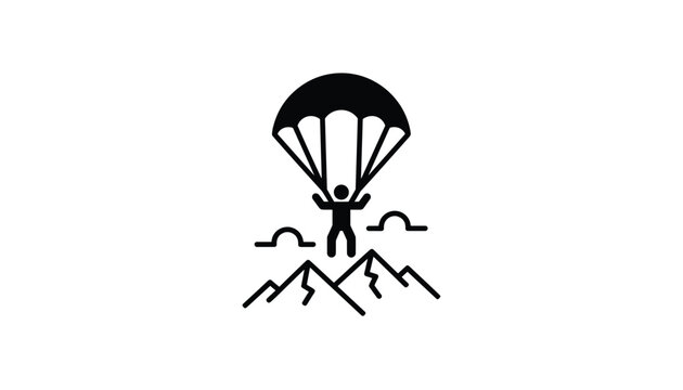 Black and white icon of a brave paraglider jumping with a parachute over a rugged mountain range on a clean white background.