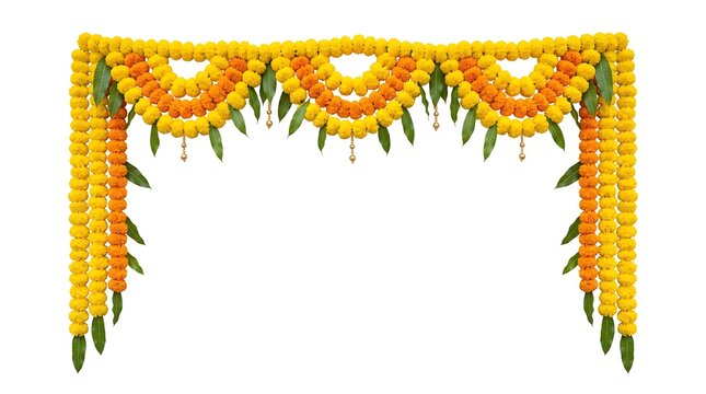 Traditional Indian Marigold Flower Toran Garland for Diwali Decoration, Yellow and Orange Floral Entrance Arch with Mango Leaves on White Background