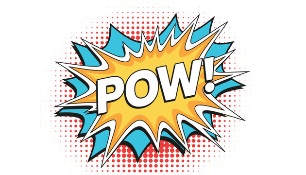 Classic retro comic book pop art speech bubble with the word Pow in bold letters inside an explosive colorful frame.