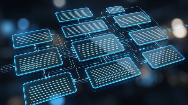Futuristic digital flowchart with glowing blue data nodes and interconnected binary code lines representing complex automation systems for corporate network architecture and cloud computing