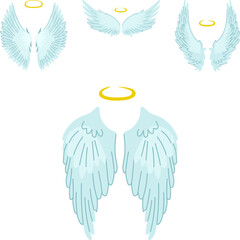 Fototapeta premium Collection of ethereal angel wings and glowing halos on a crisp white background symbolizing spirituality, purity, divinity, peace, protection, and heavenly grace