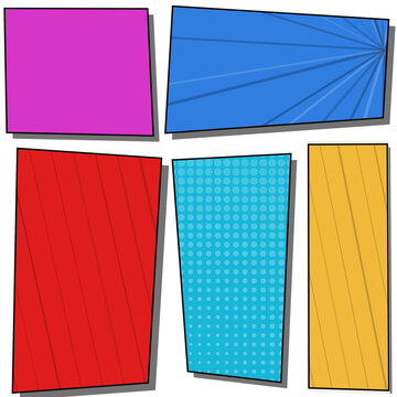 Set of vibrant colorful frames with comic halftone patterns and radial sunburst rays