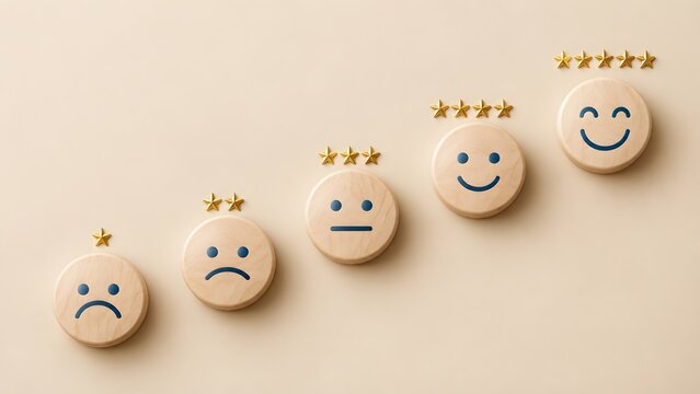 Wooden blocks displaying emotional scale from sad to happy with golden stars representing customer satisfaction survey product quality rating and client feedback evaluation