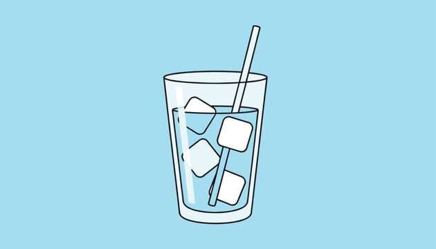 Ice cold refreshing glass of clear water with floating ice cubes and a drinking straw, isolated on a light blue background.