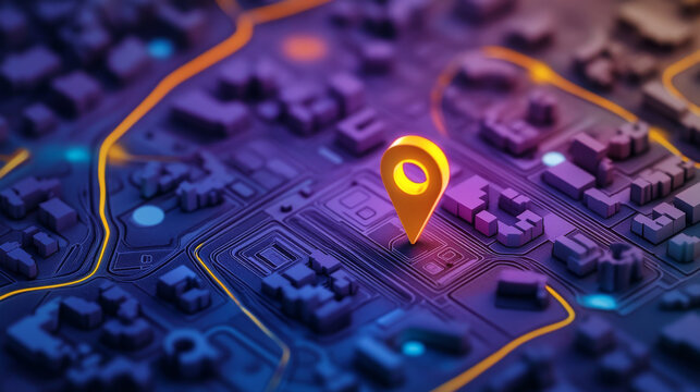A map shows a city with a store marked by a yellow pin.  The map's background is purple.
