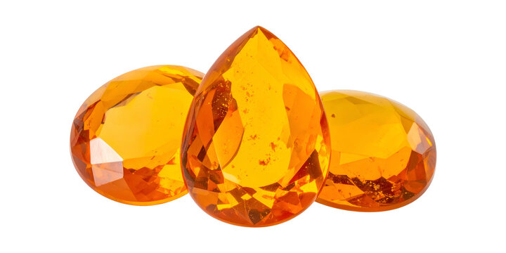Orange citrine gemstones in pear and oval cuts, faceted amber crystal jewels on white background, sparkling topaz gems for jewelry design
