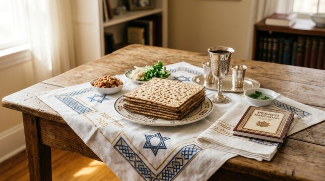 A rustic wooden table is set for a Passover Seder. A handwoven cloth with a blue and white geometric pattern covers the table.