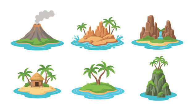 Tropical island vector collection featuring volcano rocks waterfall palm trees and exotic beach resort icons isolated on white