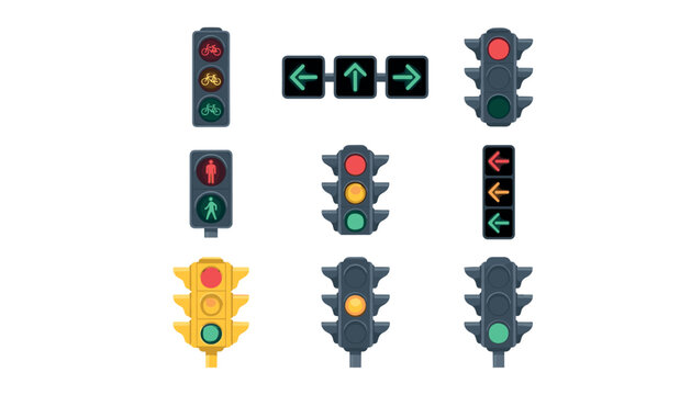 Traffic light vector illustration set featuring road signals pedestrian arrows and bicycle indicators isolated on white background