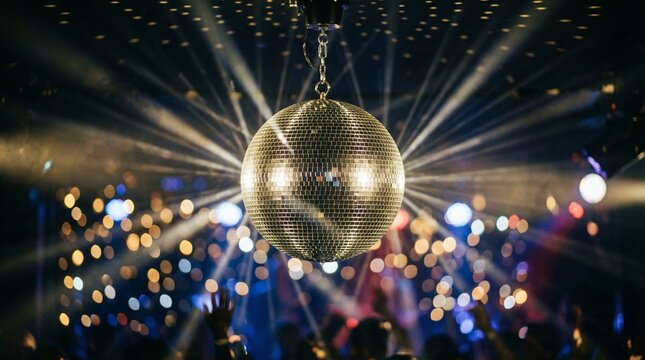 Shining Mirror Disco Ball Hanging in Nightclub with Light Rays Bokeh
