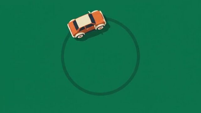 Minimalist illustration featuring a vintage compact automobile navigating along a circular path on a flat solid green background representing a simple travel concept for graphic design projects