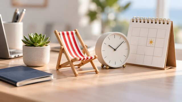 Miniature beach chair with analog clock and calendar on office desk illustrating summer vacation planning employee time off scheduling and holiday travel preparation