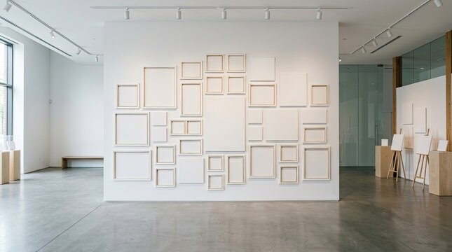 A gallery displays a minimalist art installation on a white wall. The installation consists of numerous rectangular frames of varying sizes arranged in a seemingly random, yet balanced, pattern.