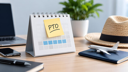 Obraz premium Office desk calendar with PTO sticky note beside miniature airplane passport and straw hat representing approved employee paid time off and vacation travel