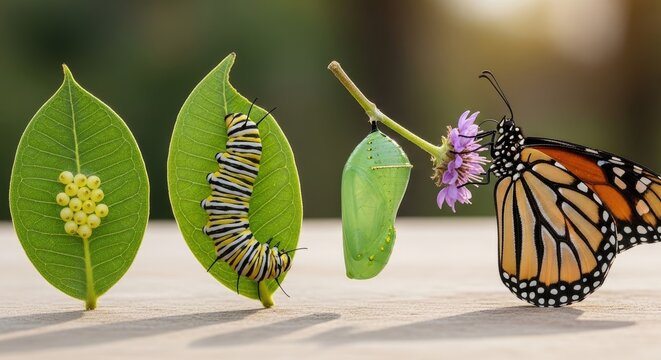 A monarch butterfly emerges from its chrysalis, resting on a leaf alongside a cluster of eggs and a caterpillar.