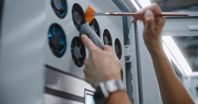 Engineer Cleans Cooling Fan Vents Using Micro Brush and Vacuum Tube. Meticulous Physical Servicing Maintains Internal Airflow Dynamics and Extends Server Component Lifespans in Enterprise Networks.