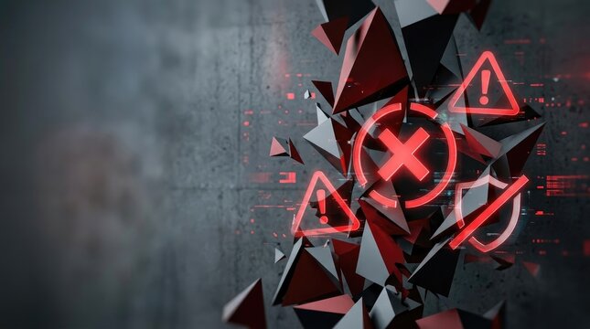 A digital graphic displays a shattered, fragmented cube with three red warning symbols intersecting with a large red 'X'. The cube is composed of sharp, angular shards.