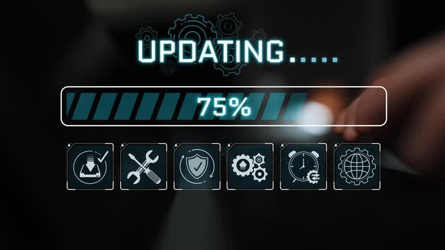 Progress Bar Showing Update Status on Digital Device with Background Elements and Graphics Indicating Technology and Maintenance Process Sigmoid
