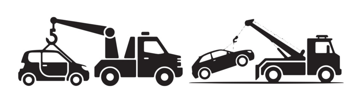 Black tow trucks with cars represent roadside assistance, vehicle recovery, and repair.