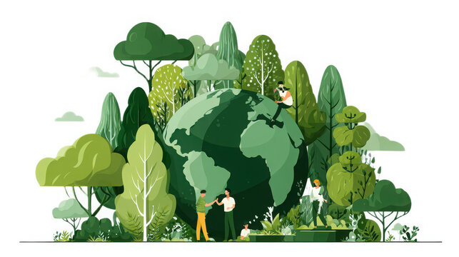 Green planet concept showing people caring for the Earth surrounded by stylized lush foliage and vibrant trees.