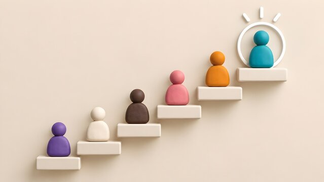 Ascending staircase with diverse team figures leading to illuminated top executive illustrating career progression corporate promotion and successful leadership development