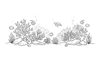 Obraz premium Hand drawn underwater seabed scene with coral reef fish bubbles rocks and seaweed black and white line art vector illustration