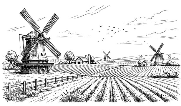 Hand drawn rural panorama with windmill farm field and birds black and white line art vector illustration