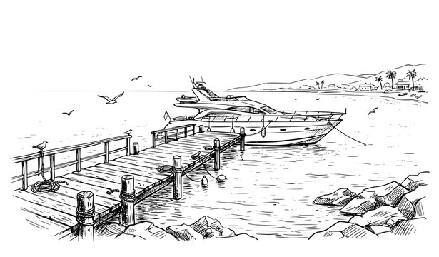 Hand drawn coastal harbor view with speedboat wooden pier rocks and birds black and white sketch vector illustration