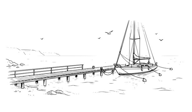 Hand drawn seascape with sailboat wooden pier birds and waves black and white line art vector illustration